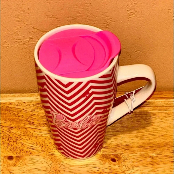 NWTS Pink & White Striped Ceramic Barbie Mug With Lid Made By Skinny Dip London - Picture 5 of 8